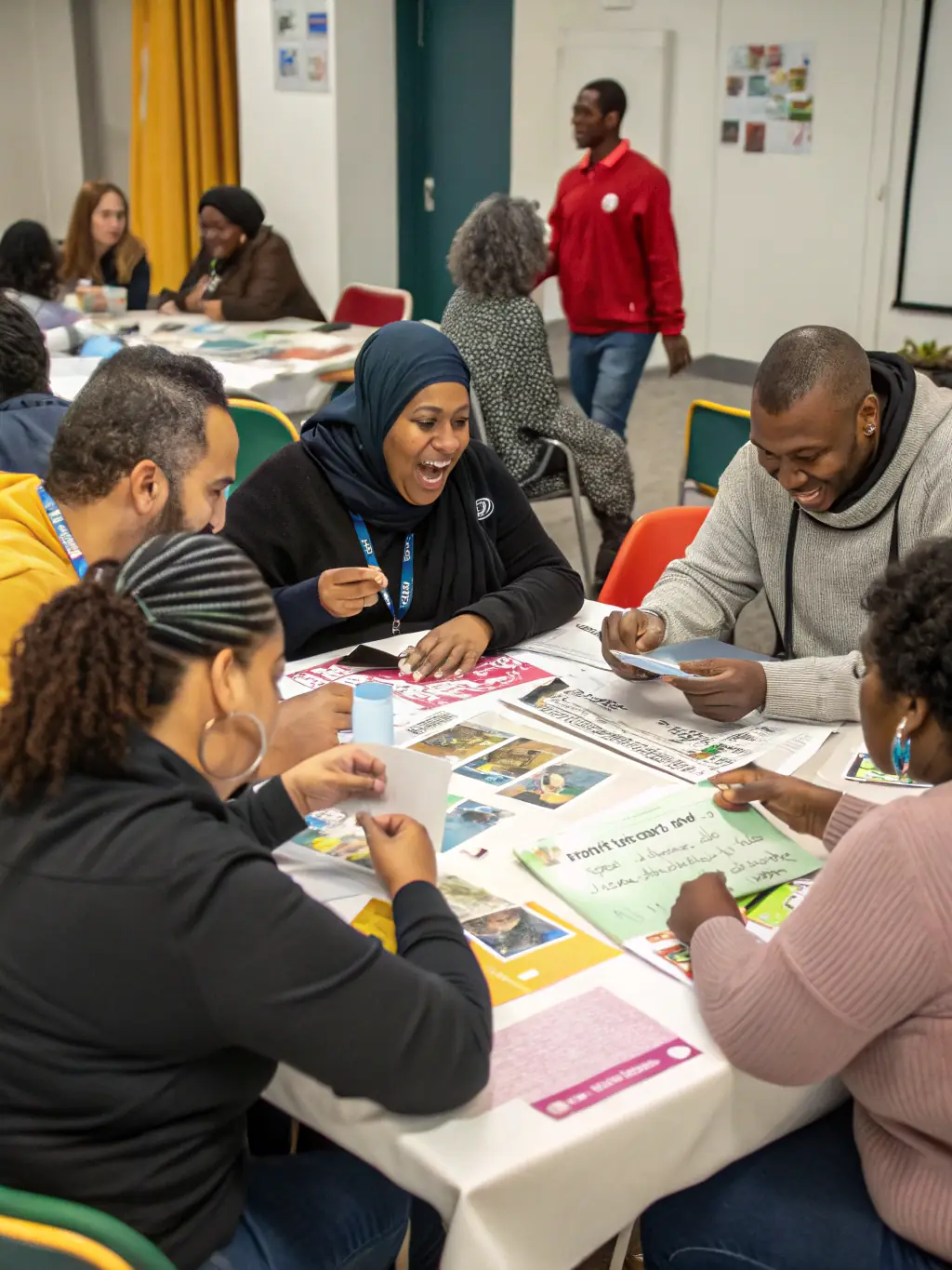 A diverse group of young adults are participating in an interactive training session, learning about civic engagement and social responsibility.