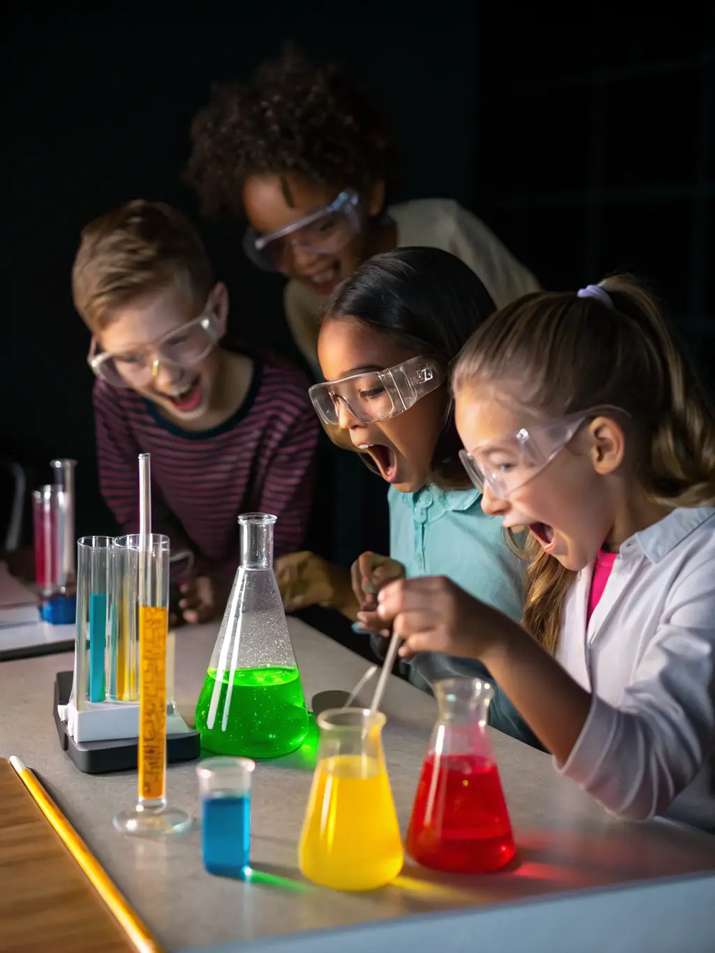 A classroom scene showing children engaged in a science experiment, facilitated by an instructor from the Association Droit Devoir Et Liberté's STEM education initiative.