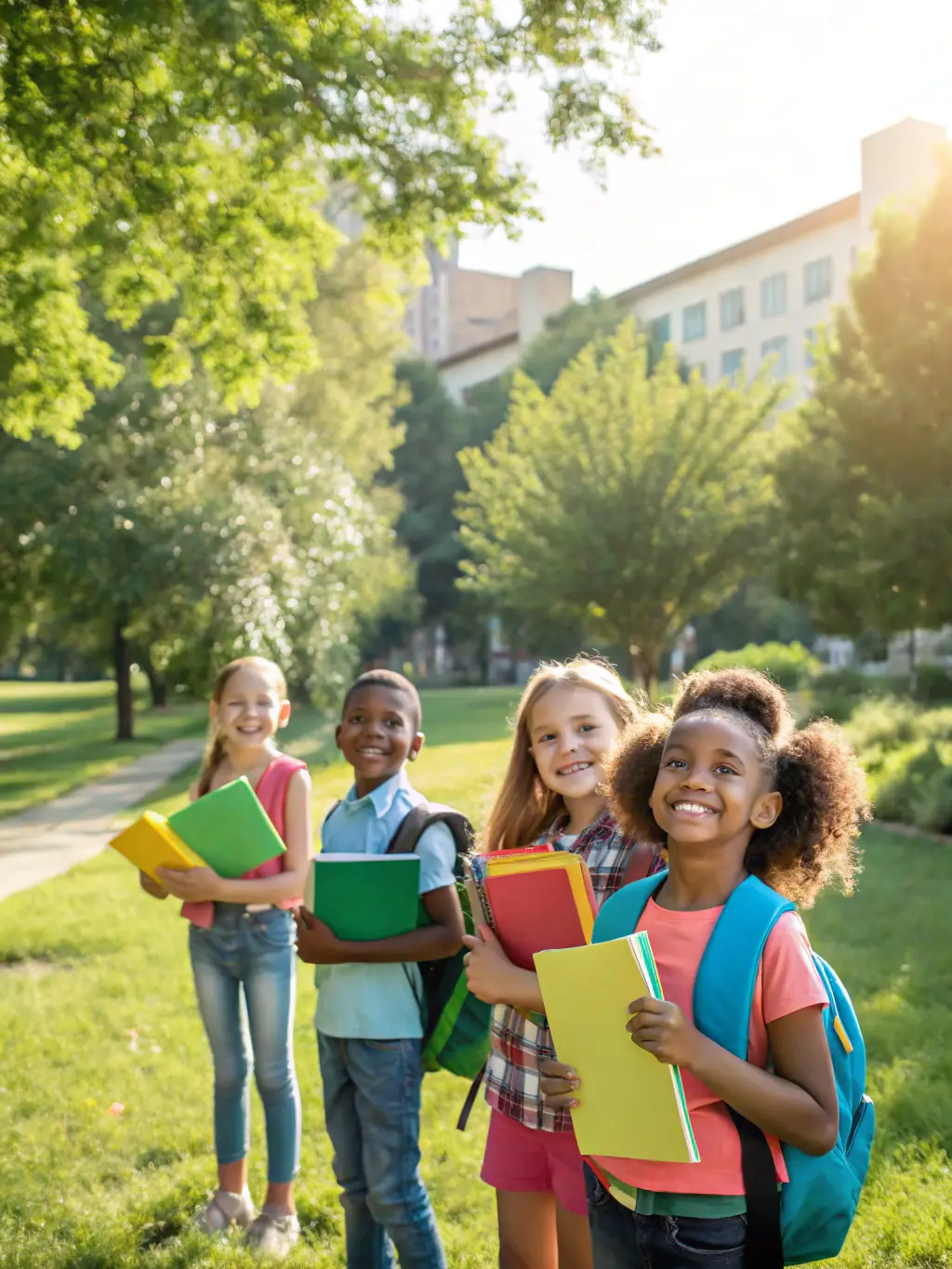 A photo of children receiving school supplies and backpacks at an Association Droit Devoir Et Liberté distribution event, with smiling faces all around.