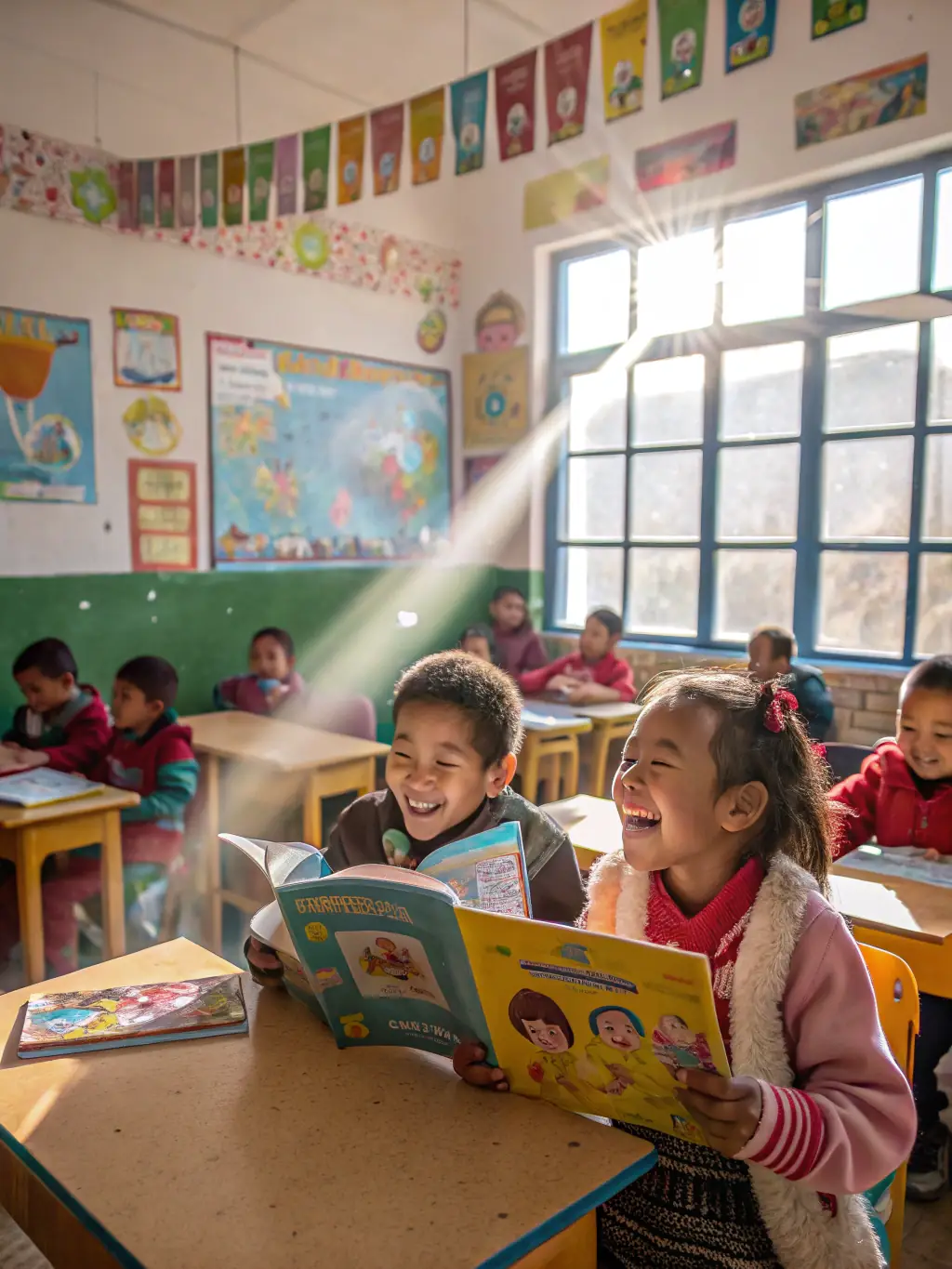 A group of children happily participating in a reading session at an Association Droit Devoir Et Liberté after-school program, with a volunteer reading aloud from a book.