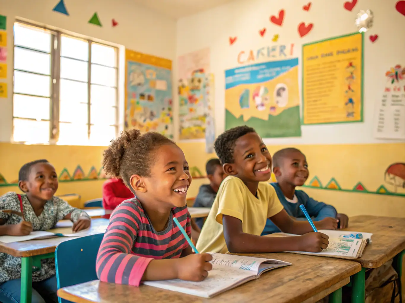 An image showing children in a classroom receiving tutoring and engaging with learning materials, representing the Educational Support Programs.