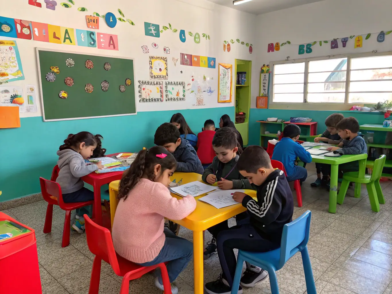 A heartwarming image of children participating in an interactive learning session, facilitated by dedicated educators and volunteers.