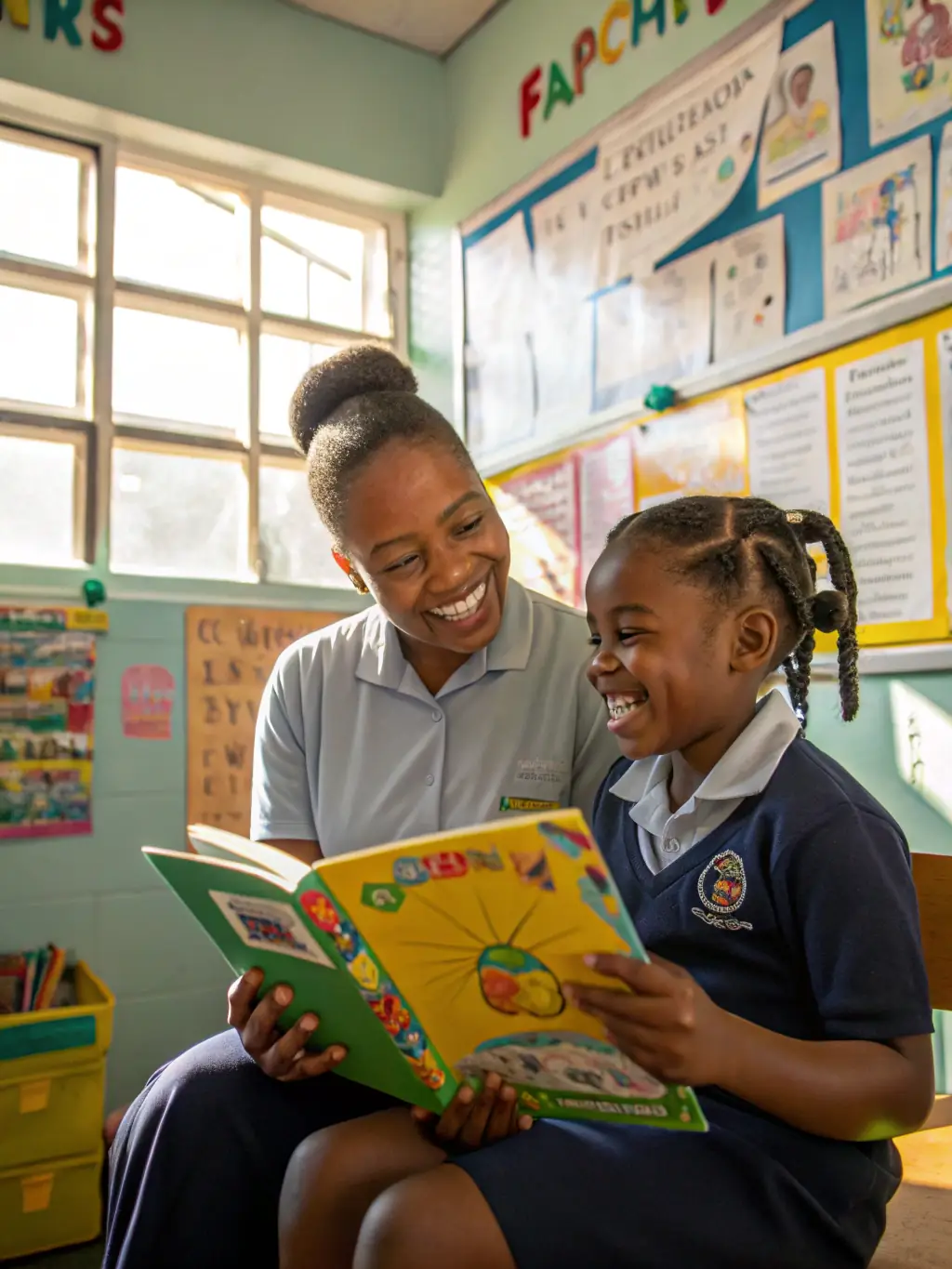 A photo of a young girl in a classroom in rural Senegal, smiling brightly as she reads a book. The classroom is simple but clean, and other children are engaged in learning activities.