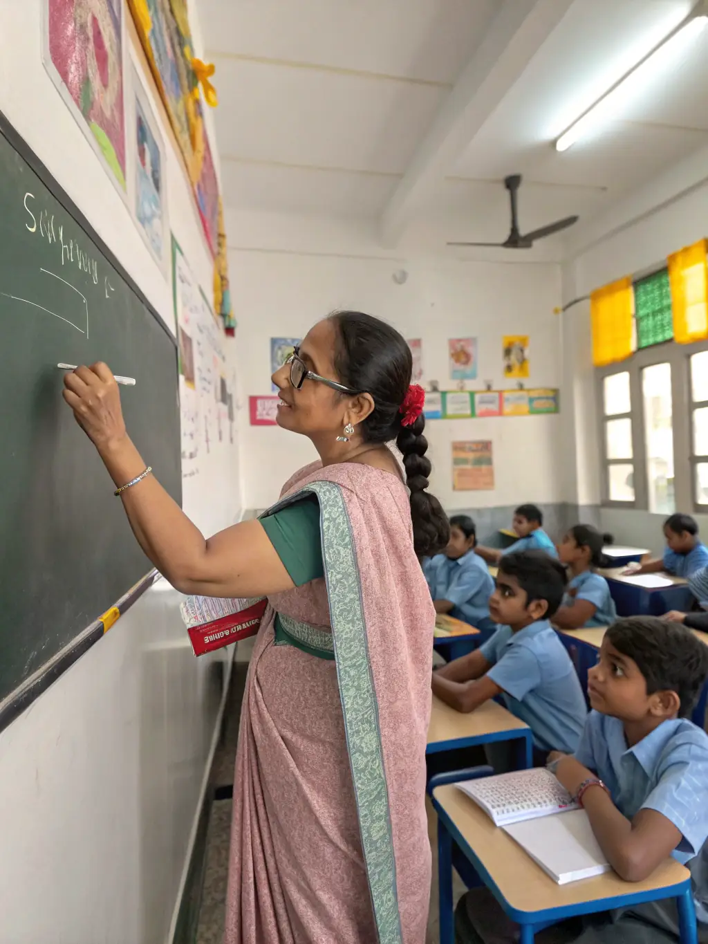 A photo of a group of girls in India attending a workshop on girls' education and empowerment, led by a local female educator. The girls are engaged and enthusiastic.