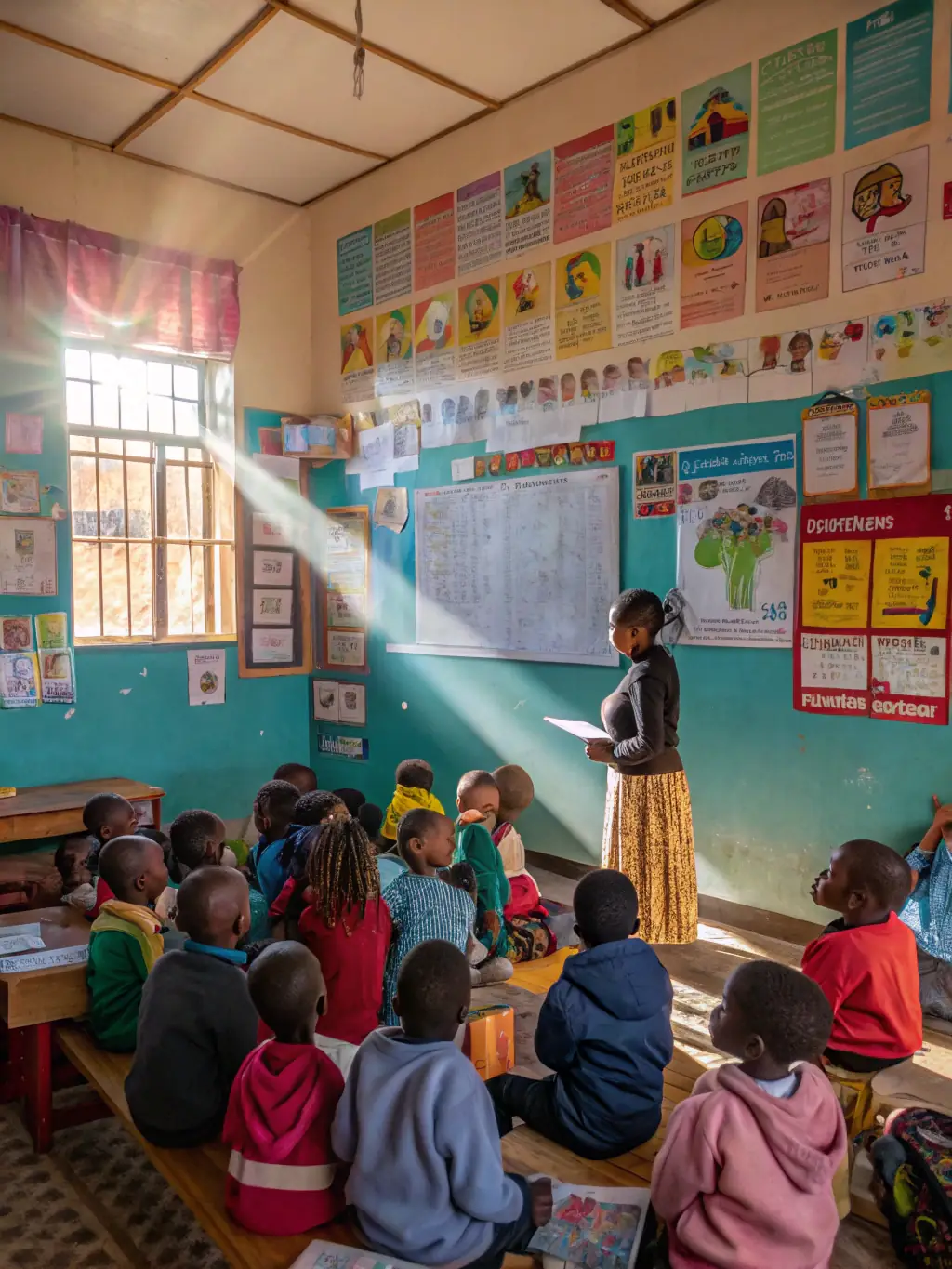 A group of children in Haiti participating in an after-school tutoring program, receiving individualized attention from volunteer tutors. The setting is a community center.