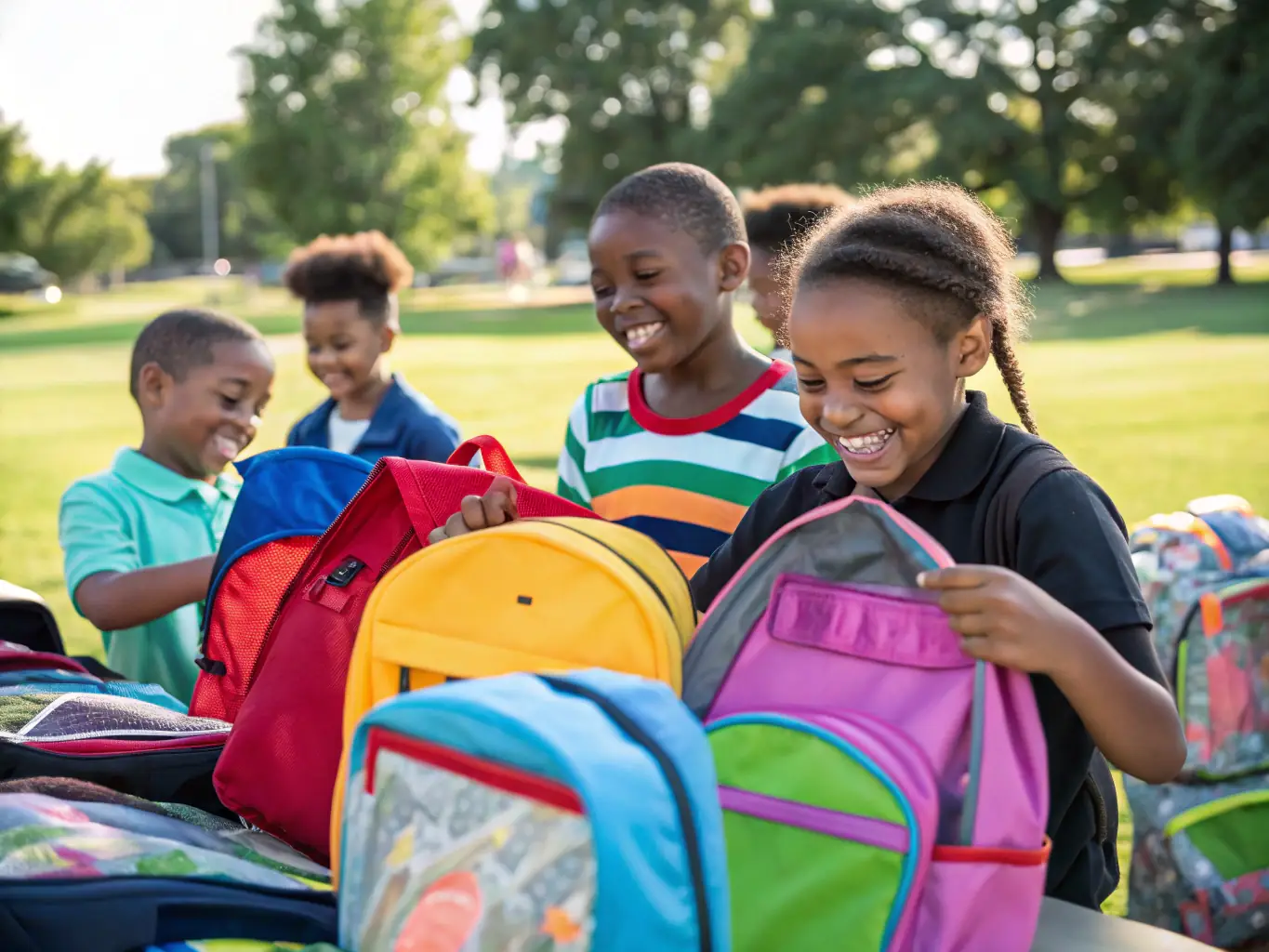 A photograph of a community outreach event where volunteers are distributing school supplies to children and families in need.
