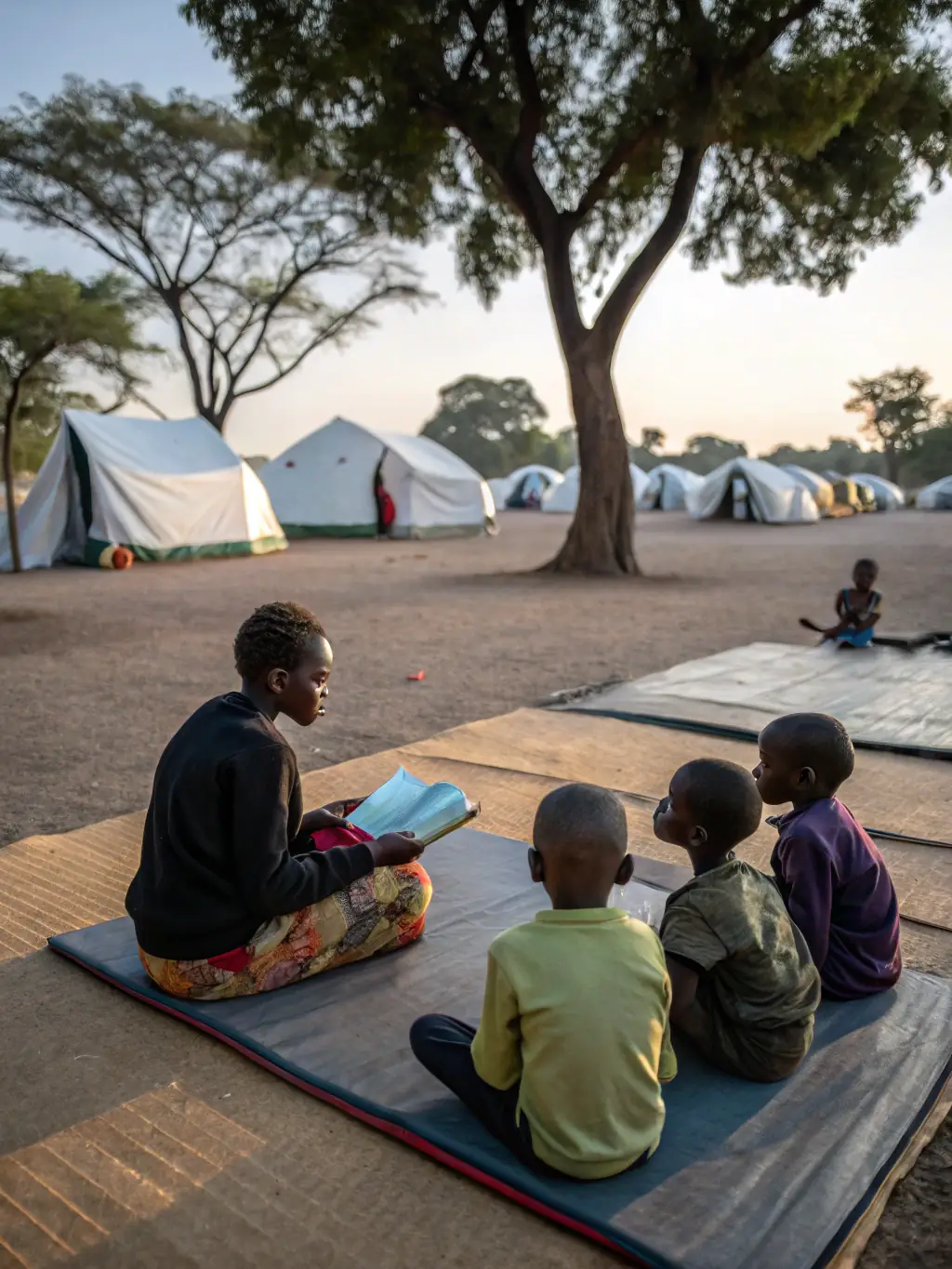 A photo of children in a refugee camp in Uganda using tablets for educational games and activities, facilitated by a program volunteer.
